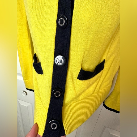 TORY BURCH Cardigan Sweater Yellow Navy Blue Merino Wool Simone Madison Knit - Picture 3 of 12